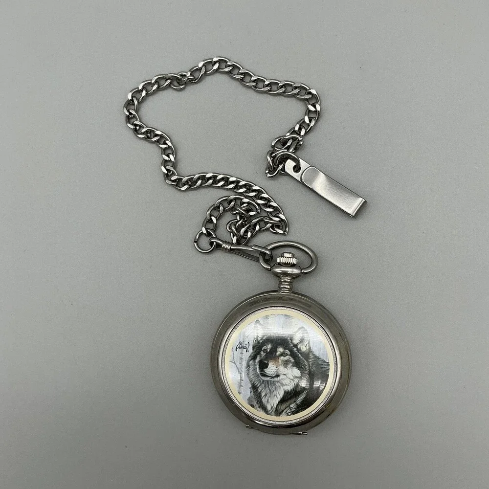 Al Agnew Pocket Watch Men 47mm Silver Tone Wolf Full Hunter Chain Analog